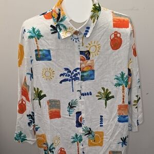 White Tropical Print Button-Down Shirt for Men